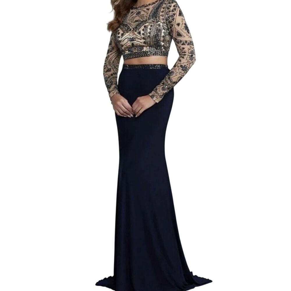 Sherri Hill 2 Pc Formal Prom Dress 8 Navy Beaded Sheer Cropped Open Back 50097